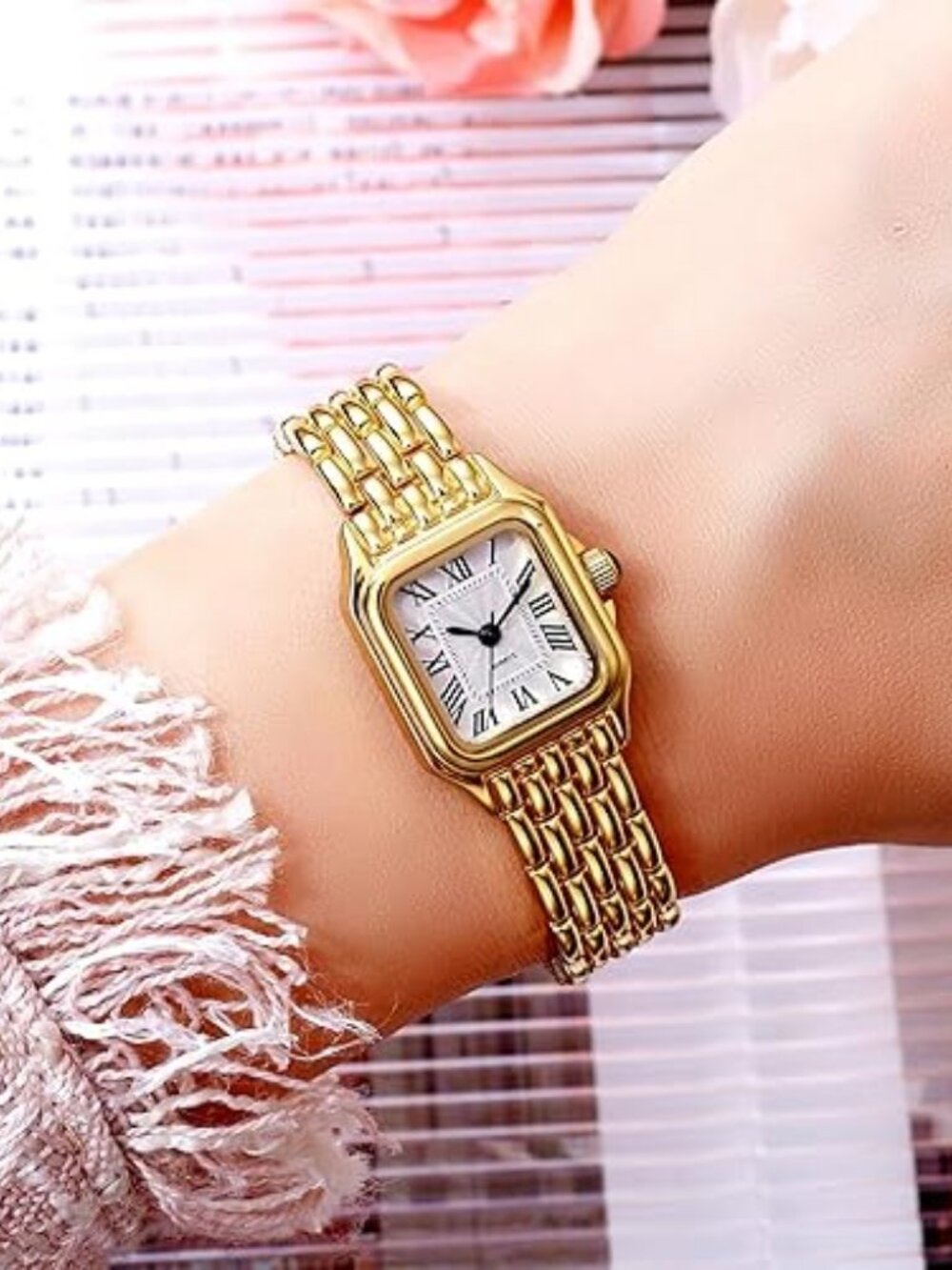 Women’s Vintage Square Watch – Gold Silver Two-Tone Roman Numeral Elegant Dress